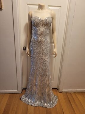 Fashion Nova Silver Sequin and Cream Lace-Up Gown